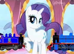 Size: 478x351 | Tagged: 1000 hours in ms paint, artist:thebluev3, carousel boutique, derpibooru import, father ted, ms paint, my lovely horse, pose, rarity, safe, solo, thomas the tank engine, train, wat, wtf