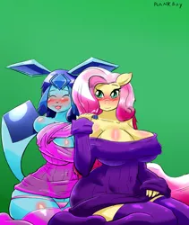 Size: 1280x1520 | Tagged: anthro, anti-gravity boobs, artist:plankboy, blushing, blush sticker, breasts, busty fluttershy, clothes, crossover, derpibooru import, female, fluttershy, glaceon, off shoulder, pokémon, suggestive, sweater, sweatershy, vacuum sealed clothing