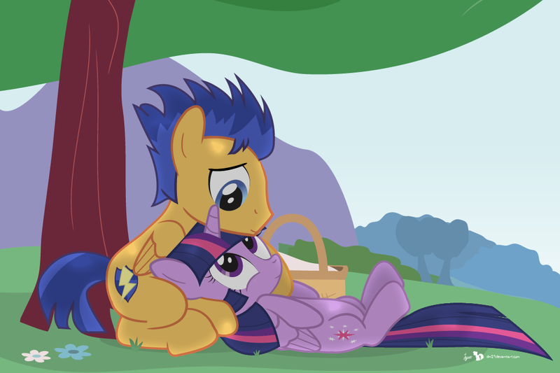 Size: 1050x700 | Tagged: safe, artist:dm29, derpibooru import, flash sentry, twilight sparkle, twilight sparkle (alicorn), alicorn, pony, backwards cutie mark, basket, cute, diasentres, eye contact, female, flashlight, head on lap, julian yeo is trying to murder us, male, mare, on back, picnic, picnic basket, shipping, sitting, smiling, straight, tree, twiabetes, under the tree