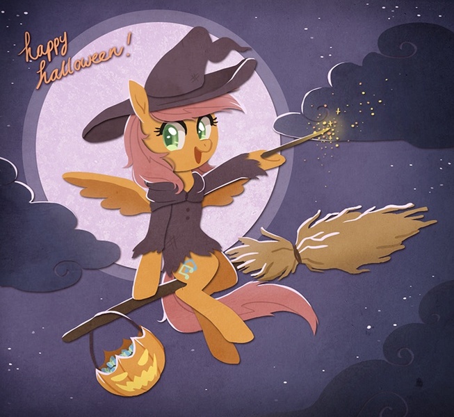 Size: 709x651 | Tagged: safe, artist:tsurime, derpibooru import, oc, unofficial characters only, pegasus, pony, backlighting, broom, candy, clothes, cloud, cloudy, female, flying, flying broomstick, full moon, halloween, hat, looking back, mare, moon, night, night sky, open mouth, sitting, smiling, solo, sparkles, spread wings, wand, witch, witch hat