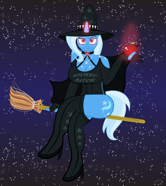 Size: 1280x1433 | Tagged: alicorn amulet, anthro, apple, artist:skeletal-k9, breasts, broom, busty trixie, clothes, costume, derpibooru import, evening gloves, female, flying, flying broomstick, glowing eyes, halloween, looking at you, night, nightmare night, sitting, smiling, solo, solo female, stars, stockings, suggestive, trixie, witch