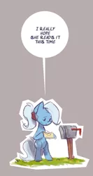 Size: 425x799 | Tagged: safe, artist:herny, derpibooru import, trixie, pony, alternate hairstyle, bipedal, dialogue, letter, mailbox, ponytail, solo, speech bubble, vertical