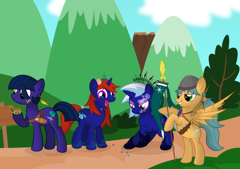 Size: 8500x6000 | Tagged: safe, artist:csillaghullo, derpibooru import, oc, unofficial characters only, earth pony, pegasus, pony, unicorn, absurd resolution, compass, flag, group