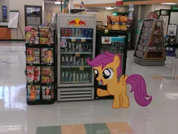 Size: 1024x768 | Tagged: artist:affanita, artist:dreamland200, derpibooru import, display case, dvd, energy drink, human, irl, kroger, magazine, photo, ponies in real life, potato chips, red bull, reflection, safe, scootaloo, sign, soda, solo, vector