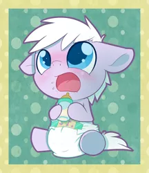 Size: 864x1000 | Tagged: safe, artist:cuddlehooves, derpibooru import, oc, unofficial characters only, pony, baby, baby bottle, baby pony, bottle, burp, cutie mark diapers, diaper, poofy diaper, solo