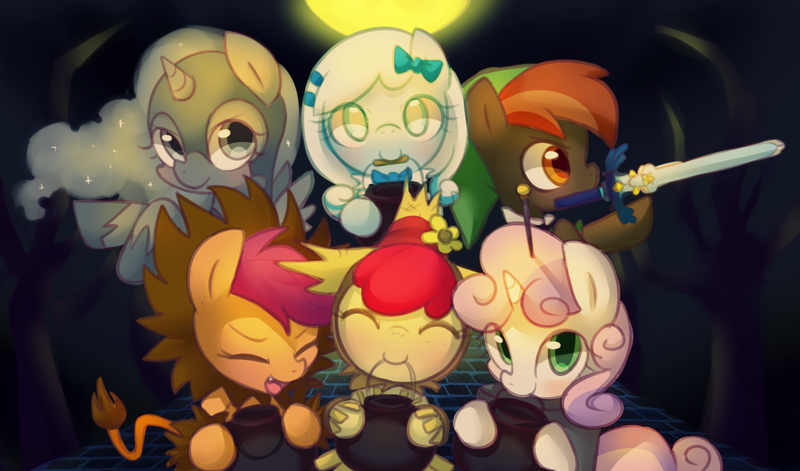 Size: 1700x1000 | Tagged: safe, artist:maren, derpibooru import, apple bloom, button mash, nightmare moon, princess luna, scootaloo, sweetie belle, oc, oc:snowdrop, alicorn, pony, robot, robot pony, unicorn, adorabloom, buttonbetes, cowardly lion, cute, cutealoo, cutie mark crusaders, diasweetes, dorothy gale, eyes closed, female, filly, foal, hooves, horn, link, looking at you, master sword, moonabetes, mouth hold, nightmare night, nightmare woon, nintendo, open mouth, scarecrow, snowbetes, sweetie bot, sword, the legend of zelda, the wizard of oz, time paradox, tin man, trick or treat, weapon, woona