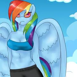 Size: 4000x4000 | Tagged: anthro, belly button, breasts, busty rainbow dash, drugs, edit, female, high, marijuana, midriff, rainbow dash, solo, stoned, suggestive, tube top