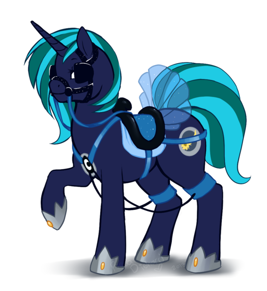 Size: 1010x1101 | Tagged: dead source, safe, artist:revadiehard, derpibooru import, oc, oc:moonlight silk, unofficial characters only, pony, unicorn, bit, blinders, breast collar, bridle, clothes, dress, harness, hoof shoes, raised hoof, reins, saddle, simple background, solo, tack, transparent background