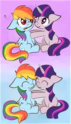 Size: 2625x4567 | Tagged: safe, artist:crocelif, derpibooru import, rainbow dash, twilight sparkle, pegasus, pony, unicorn, blushing, cute, female, friendshipping, gradient background, hug, mare, smiling, twidash, unicorn twilight