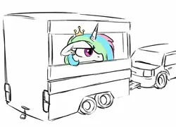 Size: 1000x720 | Tagged: artist needed, safe, derpibooru import, princess celestia, black and white, car, floppy ears, frown, grayscale, horses doing horse things, monochrome, partial color, solo, trailer, unamused