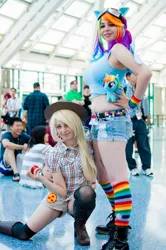 Size: 712x1072 | Tagged: anime expo, applejack, artist:agentt3xas, artist:geekeryandsuch, belly button, cosplay, derpibooru import, human, irl, irl human, midriff, photo, rainbow dash, safe