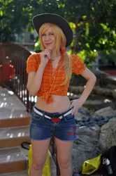 Size: 712x1072 | Tagged: anime los angeles, applejack, artist needed, clothes, cosplay, derpibooru import, front knot midriff, human, irl, irl human, midriff, photo, safe, shorts, solo