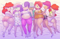 Size: 1280x827 | Tagged: apple bloom, artist:secretgoombaman12345, ask chubby diamond, ass, babs seed, bed, belly, belly button, blushing, breasts, busty babs seed, chubby diamond, cleavage, clothes, cuddle puddle, cuddling, cutie mark crusaders, derpibooru import, diamond tiara, fat, female, frilly underwear, grope, human, humanized, panties, scootaloo, silver spoon, socks, striped underwear, suggestive, sweetie belle, twist, underwear