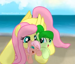 Size: 777x661 | Tagged: safe, artist:shrapnelleader, derpibooru import, fluttershy, oc, pegasus, pony, fanfic, beach, filly, mother and daughter, offspring, parent:fluttershy, parent:unnamed oc, parents:canon x oc, sisters