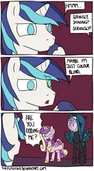 Size: 991x1805 | Tagged: safe, artist:timsplosion, derpibooru import, princess cadance, queen chrysalis, shining armor, alicorn, changeling, changeling queen, pony, unicorn, comic:shining armor is a goddamn moron, comic, dialogue, disguise, disguised changeling, fake cadance, female, funny, male, mare, mask, no pupils, paper-thin disguise, seems legit, shining armor is a goddamn moron, speech bubble, spot the imposter, spy, stallion, stupidity, team fortress 2, this will end in a night on the couch, too dumb to live