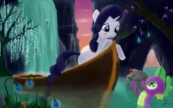 Size: 1280x800 | Tagged: safe, artist:infernal-jason, derpibooru import, rarity, spike, boat, female, male, scenery, shipping, sparity, straight, water, waterfall