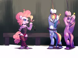 Size: 1100x825 | Tagged: suggestive, artist:bakki, derpibooru import, pinkie pie, rainbow dash, twilight sparkle, pony, ballgag, bipedal, blushing, bondage, bound wings, clothes, gag, hat, party hat, riding crop, stockings, whip, whipping