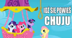 Size: 1149x617 | Tagged: caption, cloud, cloudy, derpibooru import, edit, edited screencap, fluttershy, hot air balloon, image macro, impact font, implied hanging, implied suicide, noose, pinkie pie, polish, rarity, reaction image, rope, screencap, semi-grimdark, sky, swearing, the return of harmony, twilight sparkle, twinkling balloon, vulgar