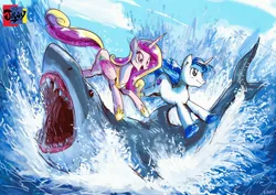 Size: 3508x2480 | Tagged: safe, artist:jowybean, derpibooru import, princess cadance, shining armor, alicorn, pony, shark, unicorn, animal, cloud, female, jump the shark, jumping, jumping the shark, literal, male, mare, ocean, open mouth, sky, smiling, stallion, teeth, water