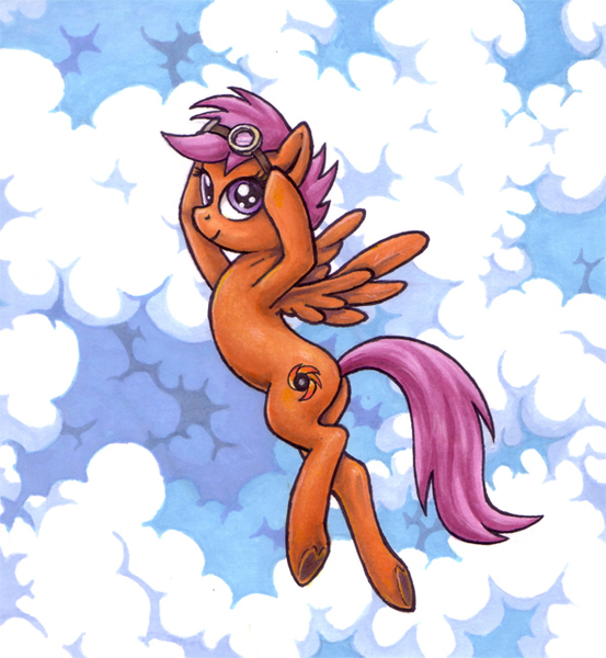 Size: 591x641 | Tagged: artist:choedan-kal, flying, goggles, older, safe, scootaloo, scootaloo can fly, solo, traditional art