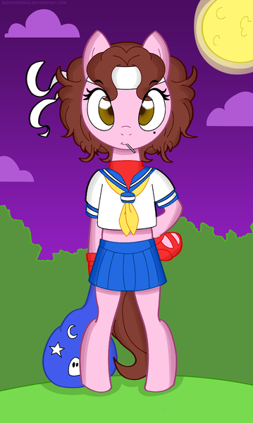 Size: 1082x1806 | Tagged: safe, artist:shinta-girl, derpibooru import, oc, oc:shinta pony, unofficial characters only, pony, bipedal, midriff, sakura kasugano, solo, street fighter