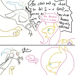 Size: 845x848 | Tagged: safe, artist:the weaver, derpibooru import, discord, fluttershy, draconequus, pegasus, pony, assertive fluttershy, comic, dessert, dialogue, female, fluttermom, food, interrupted, looking at each other, male, mare, open mouth, simple background, weaver you magnificent bastard, white background