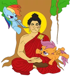 Size: 770x840 | Tagged: artist:lycanianspike, buddha, buddhism, human, rainbow dash, religion, religious, safe, scootaloo, siddhartha gautama, swastika, tickling, tree