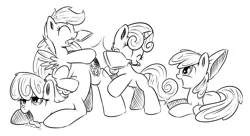 Size: 1000x542 | Tagged: suggestive, artist:xioade, derpibooru import, apple bloom, cheerilee, scootaloo, sweetie belle, cutie mark crusaders, foalcon, foaldom, image, masochism, monochrome, paddle, paddle bat, png, sketch, spanking