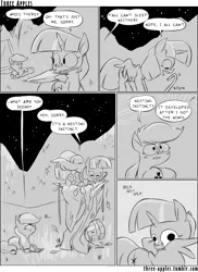 Size: 944x1294 | Tagged: safe, artist:capnpea, derpibooru import, applejack, twilight sparkle, twilight sparkle (alicorn), alicorn, earth pony, pony, comic:three apples, behaving like a bird, black and white, bucket, comic, derp, dialogue, duo, duo female, female, frown, furry reminder, grass, grayscale, mare, monochrome, mouth hold, nest, nesting instinct, notepad, preening, prone, speech bubble, spread wings, tent, tree, umbrella, wide eyes, y'all