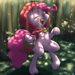 Size: 1000x1000 | Tagged: safe, artist:draneas, derpibooru import, pinkie pie, pony, basket, bipedal, crepuscular rays, crossover, cute, forest, hood, little red riding hood, pixiv, solo