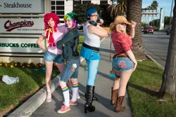 Size: 1000x667 | Tagged: artist needed, safe, derpibooru import, applejack, pinkie pie, rainbow dash, vinyl scratch, human, anime la, anime la 2012, clothes, cosplay, gloves, high heel boots, irl, irl human, photo, shorts