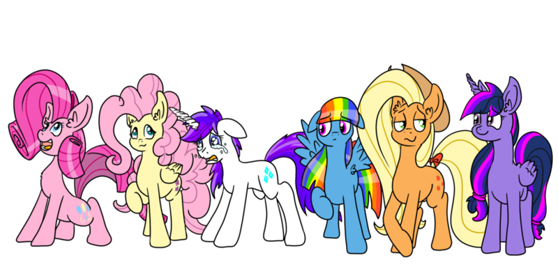 Size: 1024x512 | Tagged: safe, artist:davidcurser, derpibooru import, applejack, fluttershy, pinkie pie, rainbow dash, rarity, twilight sparkle, twilight sparkle (alicorn), alicorn, pony, alternate hairstyle, crying, ear fluff, female, floppy ears, frown, happy, hilarious in hindsight, mane six, mane swap, manebow sparkle, mare, open mouth, raised hoof, simple background, standing, transparent background
