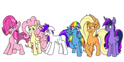 Size: 1024x512 | Tagged: safe, artist:davidcurser, derpibooru import, applejack, fluttershy, pinkie pie, rainbow dash, rarity, twilight sparkle, twilight sparkle (alicorn), alicorn, pony, alternate hairstyle, crying, ear fluff, female, floppy ears, frown, happy, hilarious in hindsight, mane six, mane swap, manebow sparkle, mare, open mouth, raised hoof, simple background, standing, transparent background