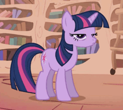 Size: 457x411 | Tagged: safe, derpibooru import, screencap, twilight sparkle, unicorn, boast busters, animated, blinking, book, cropped, frown, golden oaks library, ladder, library, solo, standing, unamused, unicorn twilight