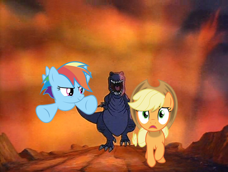 Size: 827x625 | Tagged: safe, derpibooru import, applejack, rainbow dash, dinosaur, earth pony, pegasus, pony, tyrannosaurus rex, chase, crossover, food chain, pegasus master race, predator, prey, running, sharptooth, the land before time