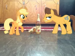 Size: 1024x765 | Tagged: apple cider, applejack, artist:dreamland200, bottle, caramel, derpibooru import, floor, hard, irl, mat, photo, ponies in real life, safe, unopened, vector