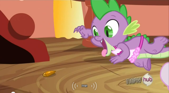 Size: 640x355 | Tagged: safe, derpibooru import, screencap, spike, dragon, just for sidekicks, apron, clothes, gem, meme, naked apron, solo, tongue out, youtube caption