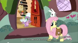 Size: 640x355 | Tagged: safe, derpibooru import, screencap, angel bunny, fluttershy, owlowiscious, spike, bird, dragon, owl, pegasus, pony, rabbit, just for sidekicks, animal, apron, bowl, clothes, meme, naked apron, saddle bag, spoon, youtube caption