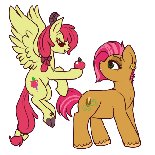 Size: 500x500 | Tagged: apple, apple bloom, appleseed, artist:lulubell, babs seed, cloven hooves, derpibooru import, female, horns, incest, lesbian, older, race swap, safe, shipping, simple background, succubus, transparent background, unshorn fetlocks