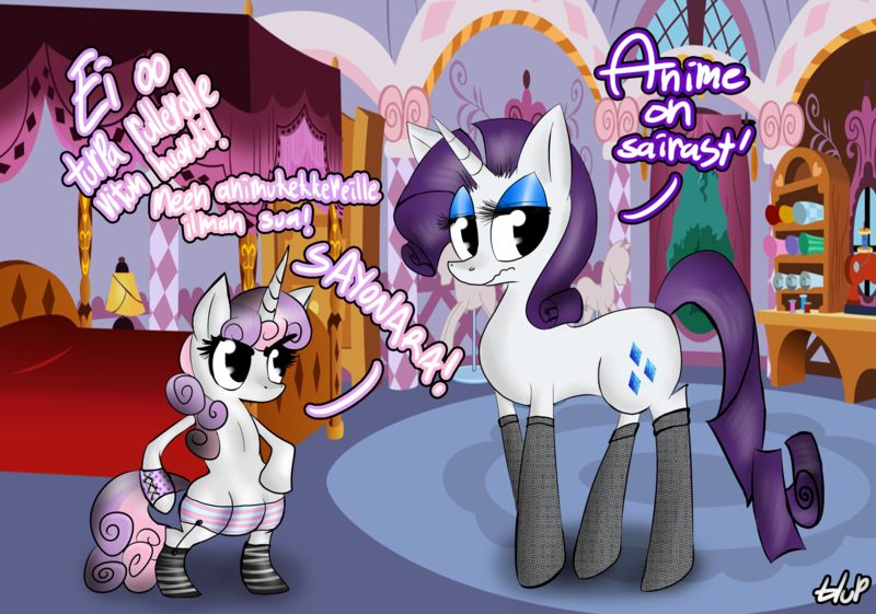 Size: 2295x1608 | Tagged: safe, artist:blup-chan, derpibooru import, rarity, sweetie belle, pony, anime, bipedal, clothes, dialogue, finnish, otaku, socks, striped socks, translated in the description, translation