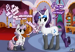 Size: 2295x1608 | Tagged: safe, artist:blup-chan, derpibooru import, rarity, sweetie belle, pony, anime, bipedal, clothes, dialogue, finnish, otaku, socks, striped socks, translated in the description, translation