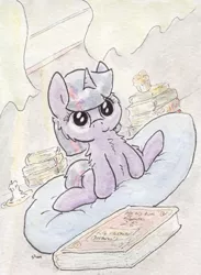 Size: 685x936 | Tagged: safe, artist:slightlyshade, derpibooru import, twilight sparkle, book, candle, solo, traditional art