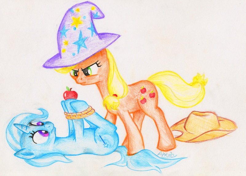 Size: 4504x3229 | Tagged: accessory swap, accessory theft, apple, applejack, applejack hogtying trixie, artist:arxuicy, derpibooru import, hogtied, rope, safe, tied up, traditional art, trixie