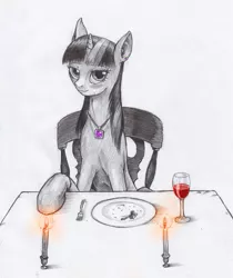Size: 995x1186 | Tagged: artist:jaxonian, bedroom eyes, blushing, candle, color, cute, date, date night, derpibooru import, earring, lidded eyes, looking at you, necklace, partial color, pencil drawing, romance, romantic, safe, simple background, sketch, smiling, solo, table, traditional art, twilight sparkle, white background, wine, wine glass