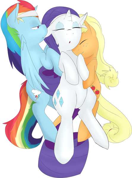 Size: 1280x1726 | Tagged: dead source, safe, artist:kryptchild, derpibooru import, applejack, rainbow dash, rarity, appledash, ear bite, female, lesbian, raridash, rarijack, rarijackdash, shipping