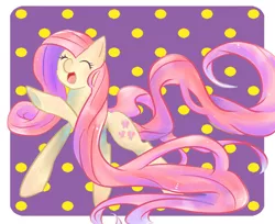 Size: 978x800 | Tagged: safe, artist:kemonomo, derpibooru import, fluttershy, eyes closed, happy, long mane, open mouth, pixiv, pointing, smiling, solo, underhoof, wingless