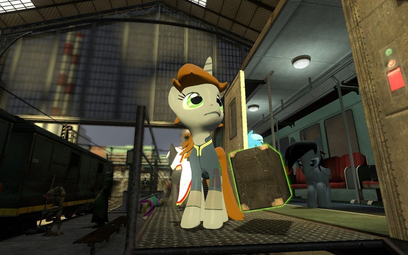 Size: 960x600 | Tagged: safe, artist:pinkie diane roosevelt phd, derpibooru import, oc, oc:littlepip, unofficial characters only, duskull, pegasus, pony, unicorn, fallout equestria, fanfic, 3d, clothes, cremator, description is relevant, fanfic art, female, gmod, half-life, half-life 2, horn, magic, male, mare, nintendo, pokémon, telekinesis, vault suit, vortigaunt