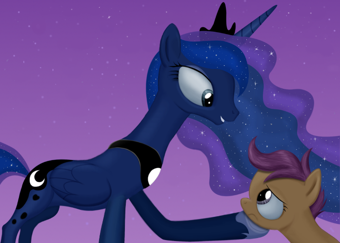 Size: 697x498 | Tagged: artist:simeonleonard, princess luna, safe, scene interpretation, scootaloo, scootalove