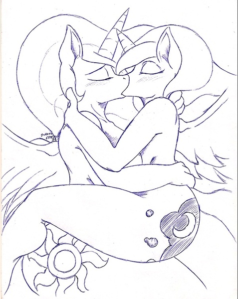 Size: 600x754 | Tagged: anthro, artist:suirano, breasts, breast squeeze, busty princess celestia, derpibooru import, female, incest, kissing, lesbian, monochrome, nudity, princess celestia, princess luna, princest, questionable, shipping, sketch, unguligrade anthro