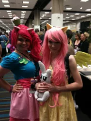 Size: 1536x2048 | Tagged: angel bunny, artist:irisraydiant, artist needed, convention, cosplay, derpibooru import, dragoncon, dragoncon 2012, fluttershy, human, irl, irl human, photo, pinkie pie, plushie, safe